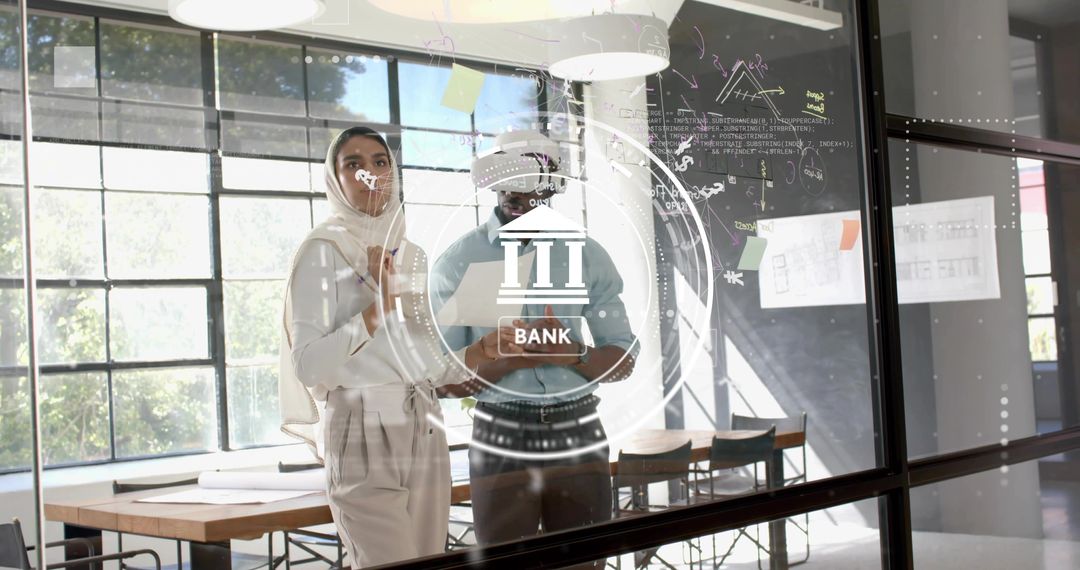 Business Team Interacting With Virtual Banking Interface