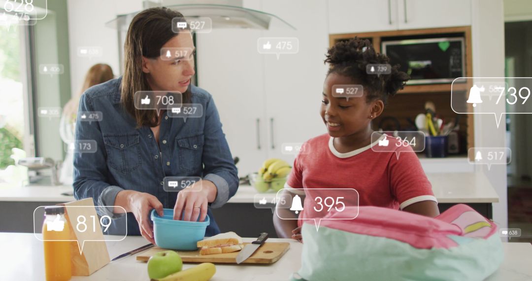 Diverse Mother and Daughter with Social Media Interaction Overlays