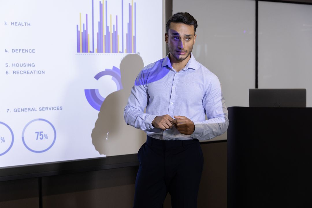 Business Professional Presenting Financial Data on Projector Screen