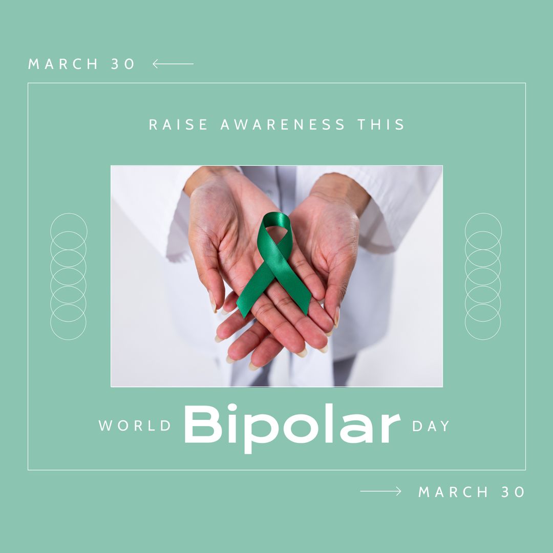 World Bipolar Day Awareness: Open Hands with Green Ribbon