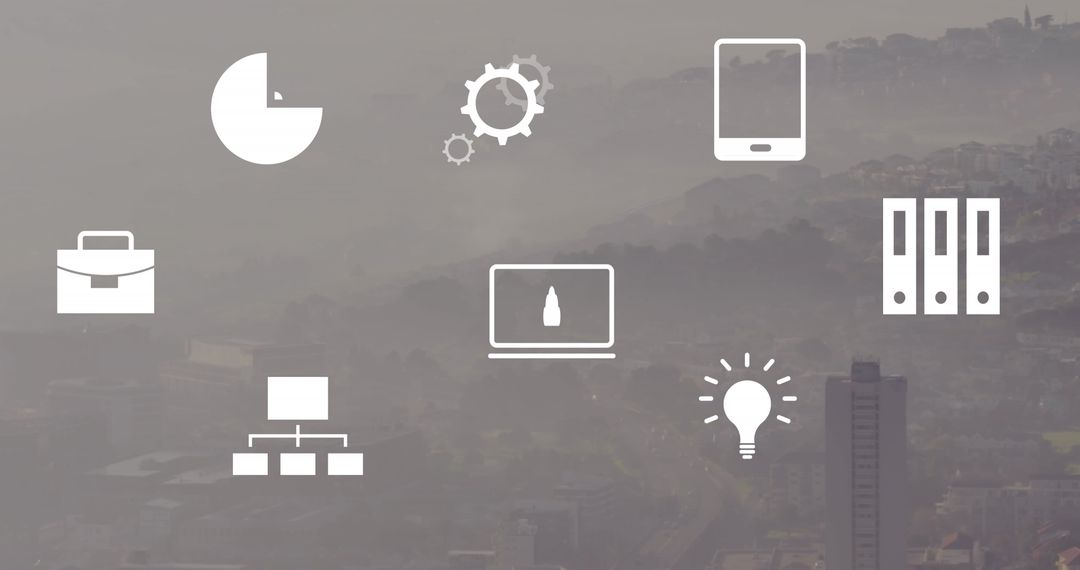 Digital Financial Icons and Data Overlay on Cityscape