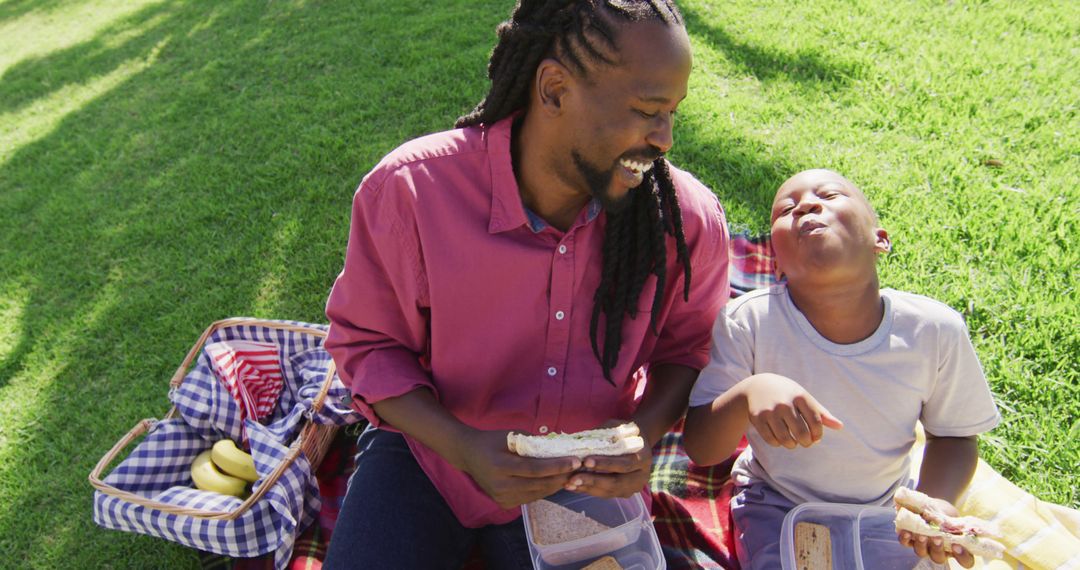 Image of happy african american father and son having picnic outdoors on sunny day - Free Images, Stock Photos and Pictures on Pikwizard.com