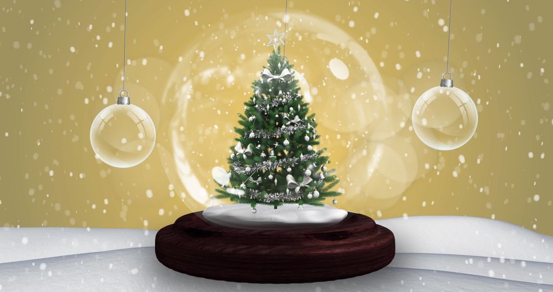 Christmas Tree in Snow Globe with Falling Snow and Ornaments - Free Images, Stock Photos and Pictures on Pikwizard.com