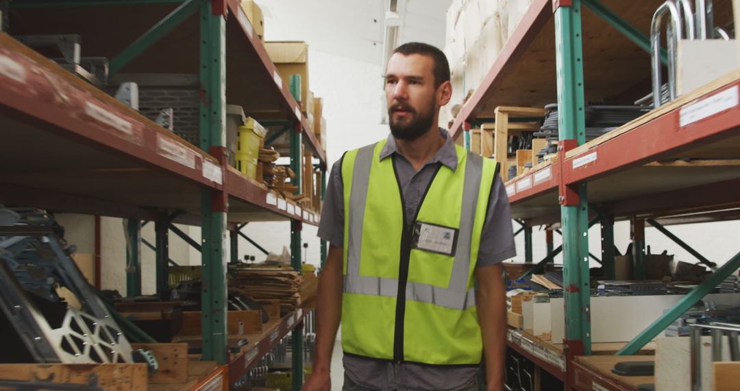 Warehouse Worker Walking Between Storage Shelves in High-Vis Vest - Free Images, Stock Photos and Pictures on Pikwizard.com