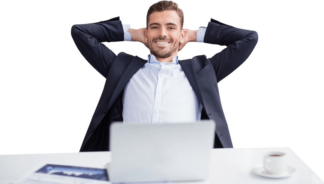 Transparent Smiling Businessman Relaxing at Desk With Laptop