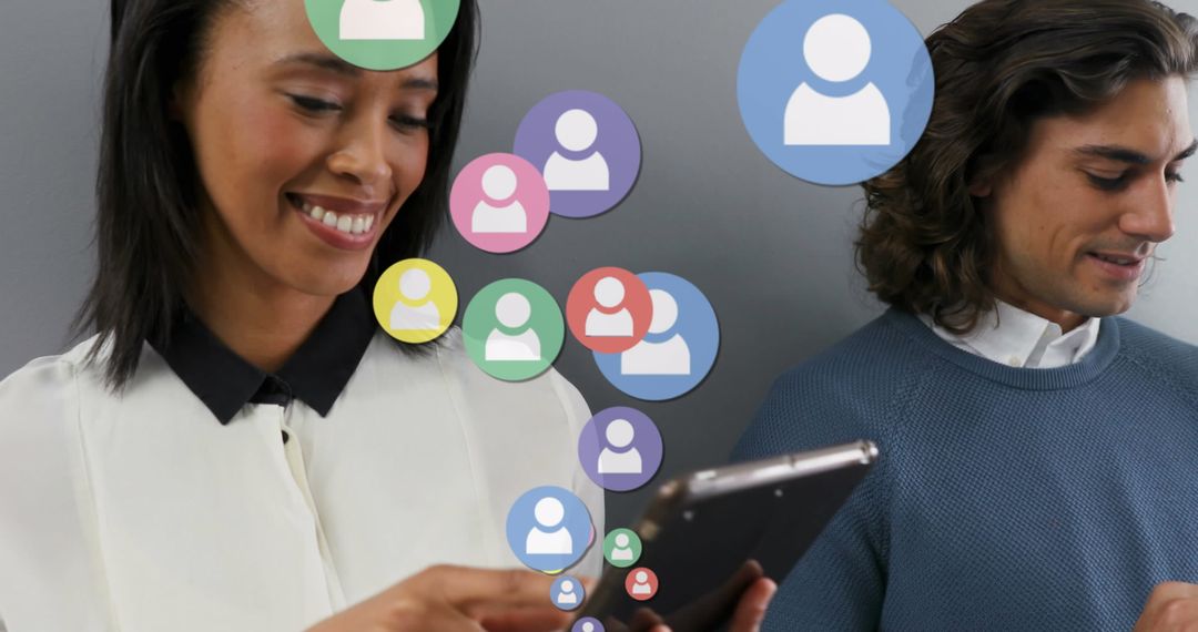 Smiling Woman Using Smartphone with Social Media Icons Around Her