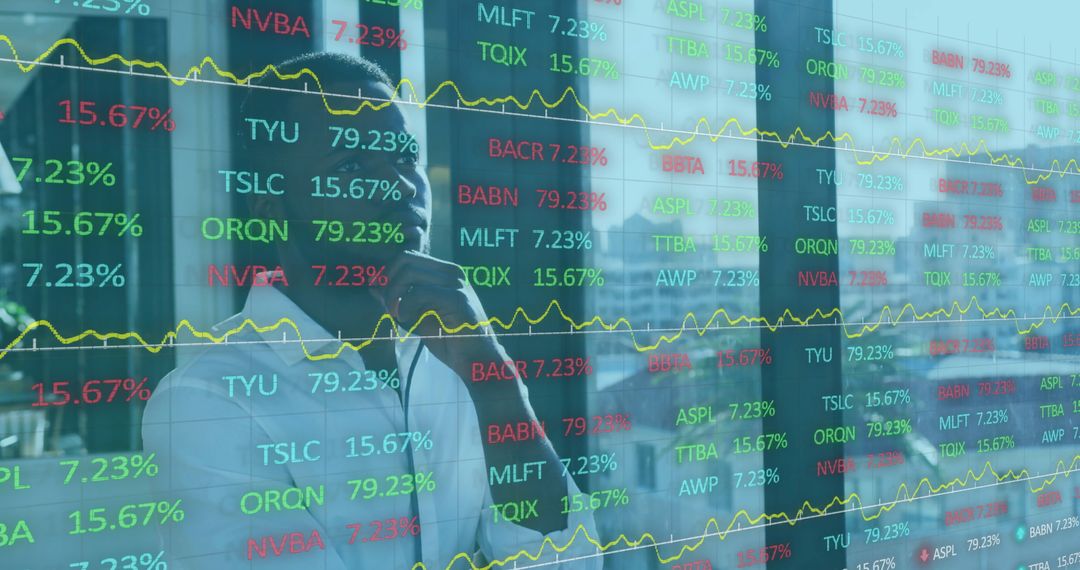 Businessman Analyzing Stock Market Trends on Transparent Screen