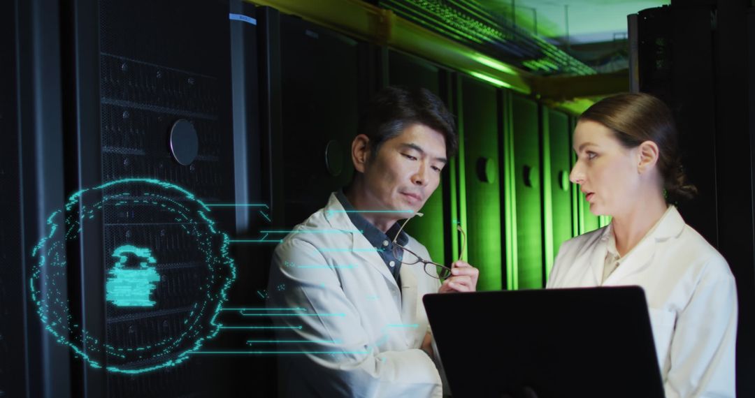 Cybersecurity Experts Analyzing Data in Secure Server Room