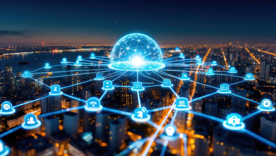 Futuristic Connectivity Network with Glowing Node Icons