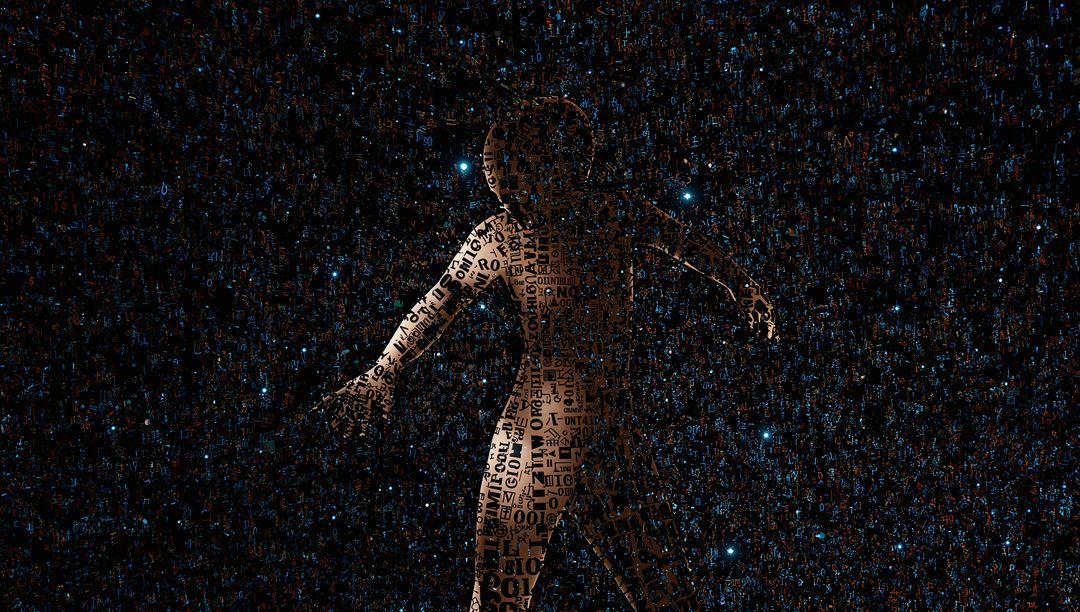 Standing Avatar Glowing in Starfield with Bronze Typography Skin and Binary Glyphs