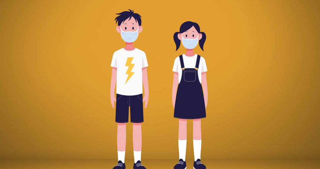 Children Social Distancing with Masks on Bright Background