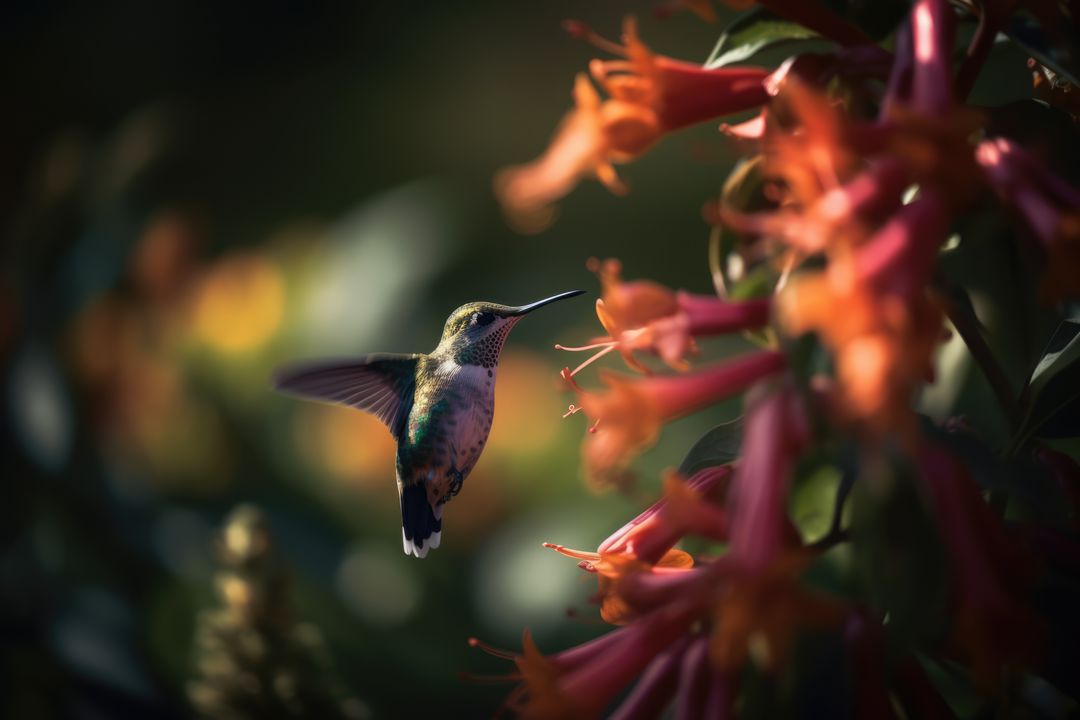 Hummingbird hovering by orange flower in nature, created using generative ai technology - Free Images, Stock Photos and Pictures on Pikwizard.com