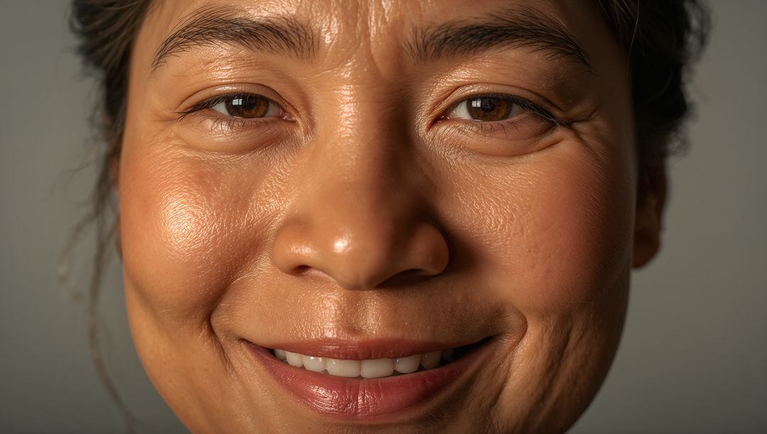 Close-up smiling woman showing natural skin texture with warm studio lighting headshot