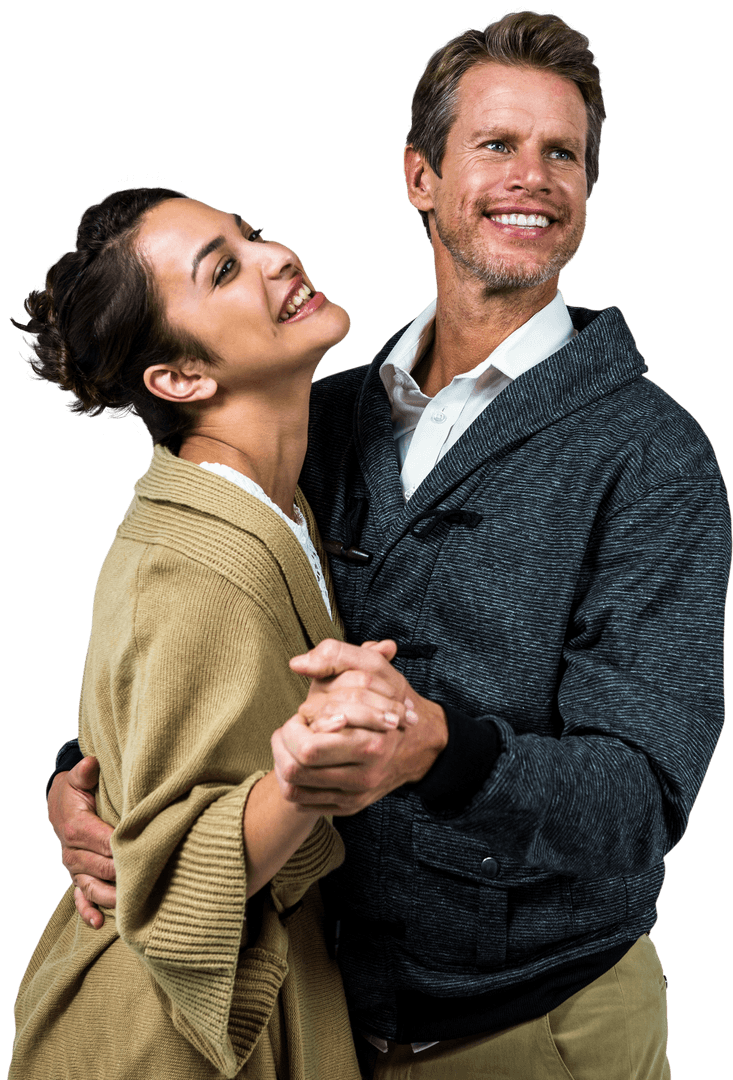 Cheerful Romantic Couple Dancing in Casual Attire on Transparent Background