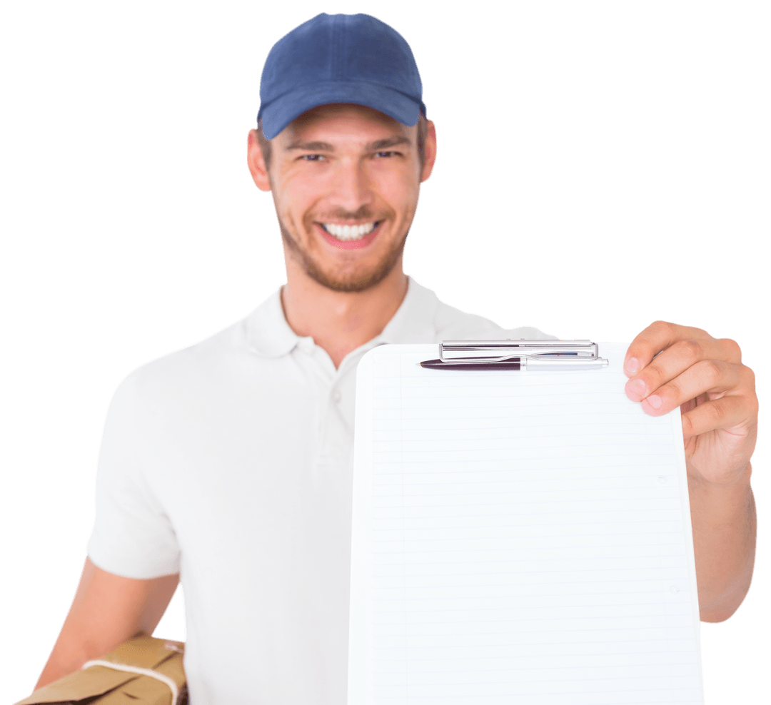 Smiling Delivery Man Holding Transparent Clipboard