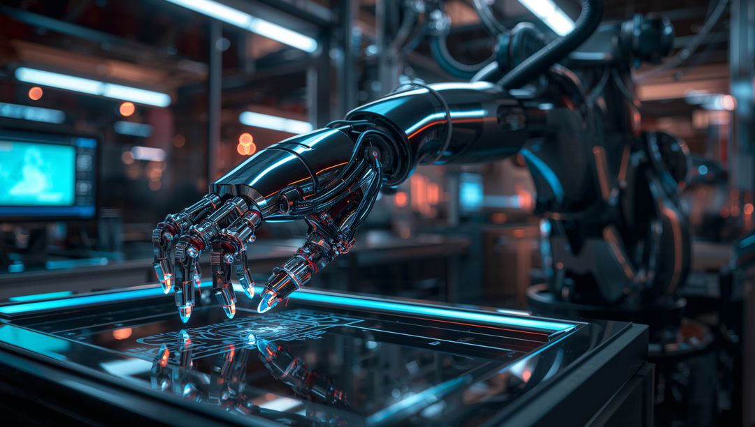 Futuristic robotic arm hovering over holographic touchscreen displaying cyan schematics