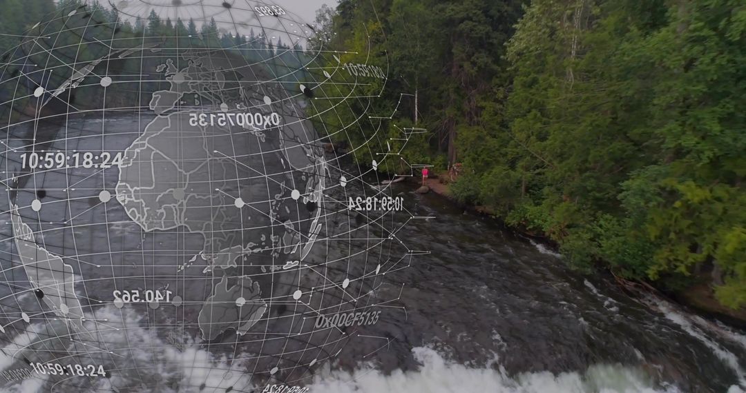 Wireframe Globe Overlay on River Gorge with Hiker: Data and Exploration Blend