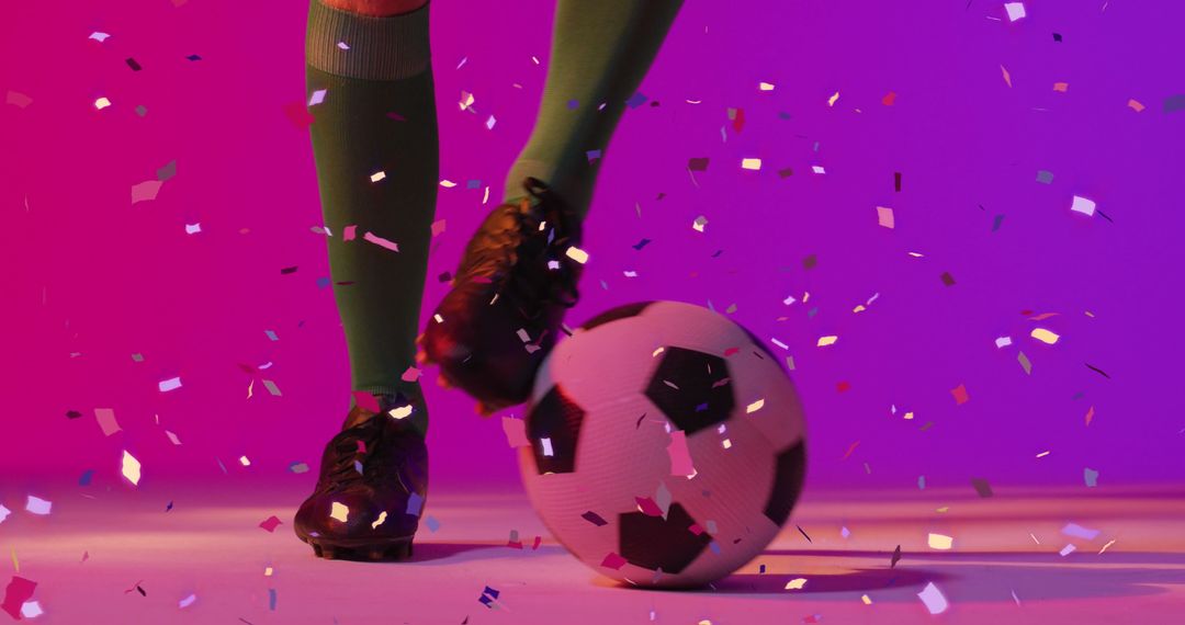 Soccer Player Kicking Ball with Colorful Confetti Atmosphere