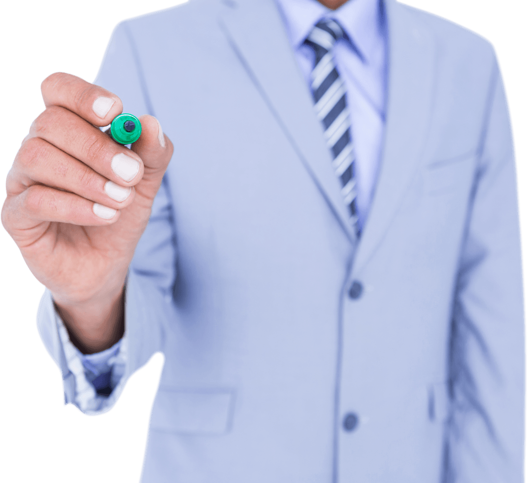 Businessman in Suit Holding Green Marker on Transparent Background