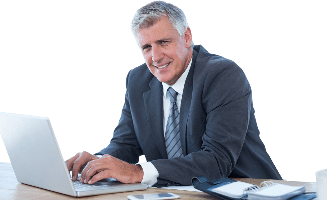 Smiling Businessman Working on Laptop with Transparent Background