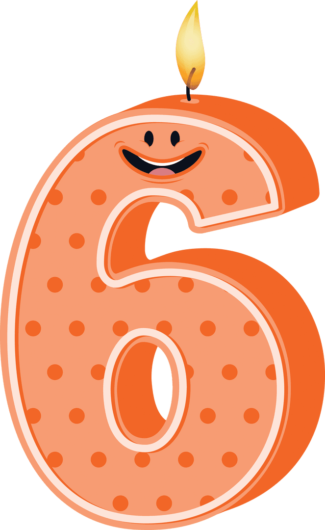 Happy Orange 6 Candle Number with Smiling Face on Transparent Background