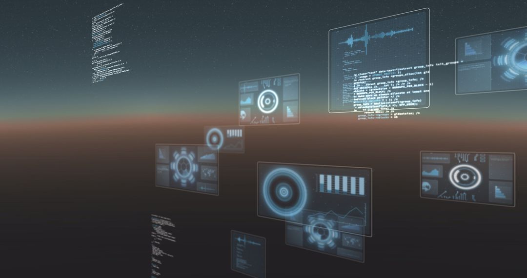 Futuristic Digital Data Interfaces on Abstract Landscape