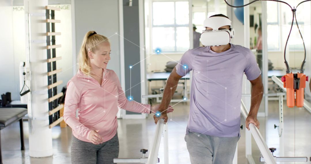 Using VR headset for gait rehabilitation while therapist guiding parallel bars