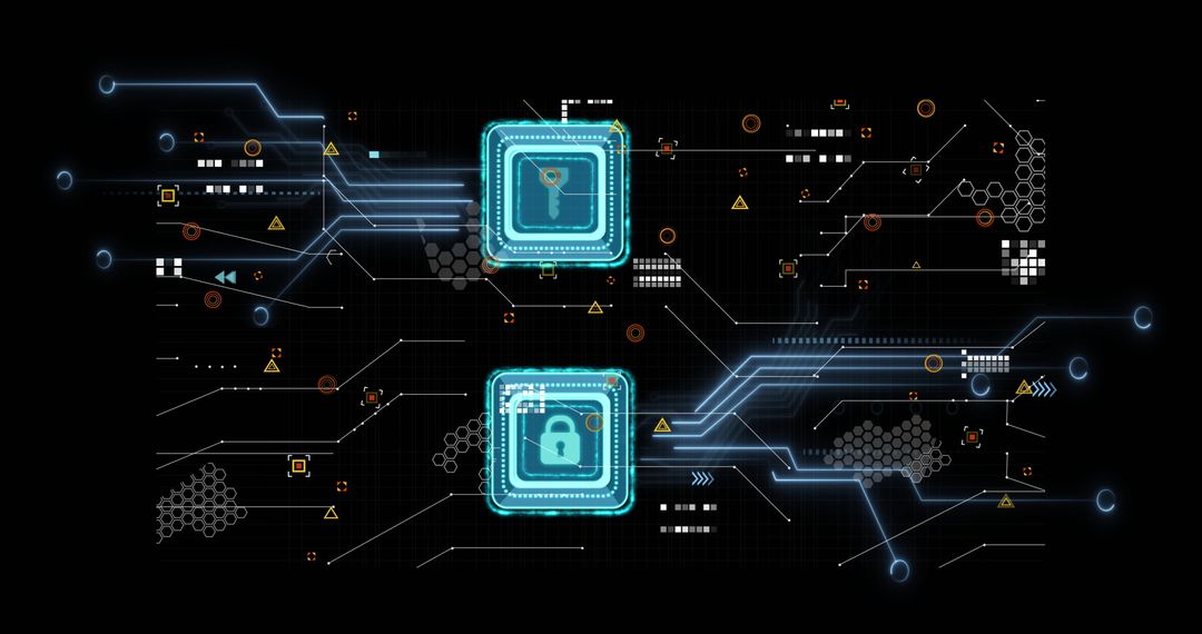 Glowing Circuit with Key and Padlock Icons Highlighting Cybersecurity