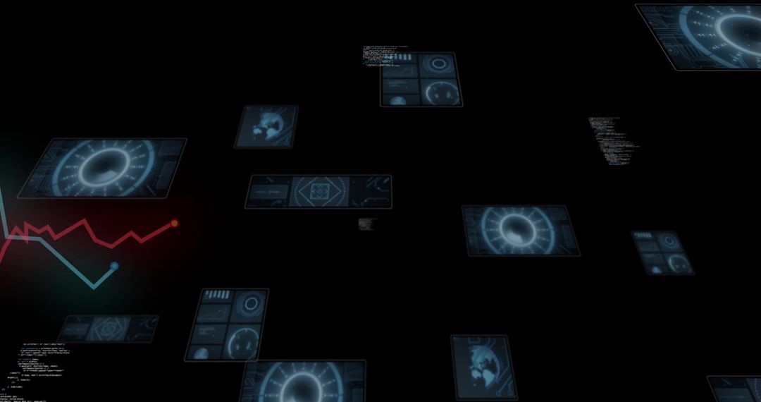Futuristic HUD Panels Floating in Black Void with Blue Radial Dials and Red-Cyan Graph