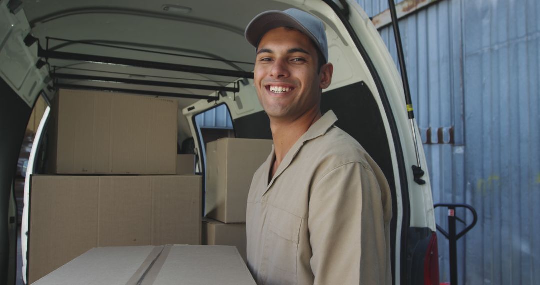 Smiling Delivery Man Holding Box in Van - Free Images, Stock Photos and Pictures on Pikwizard.com