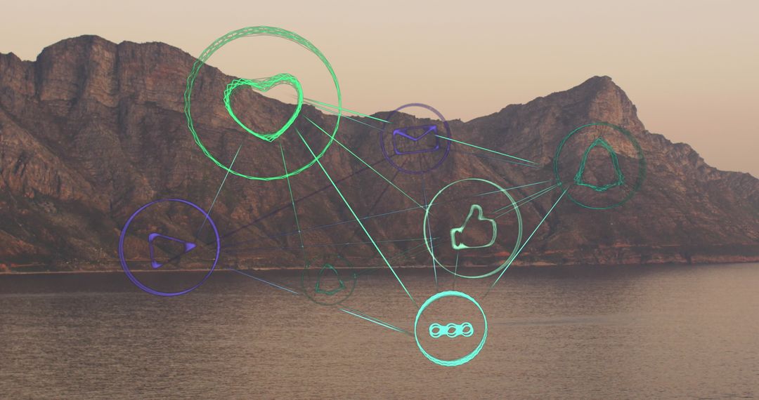 Digital Social Media Icons Over Scenic Coastline