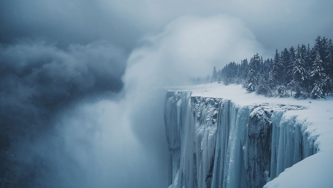 Frozen Waterfall Plunging from Icy Cliff with Snow-Covered Pines and Mist