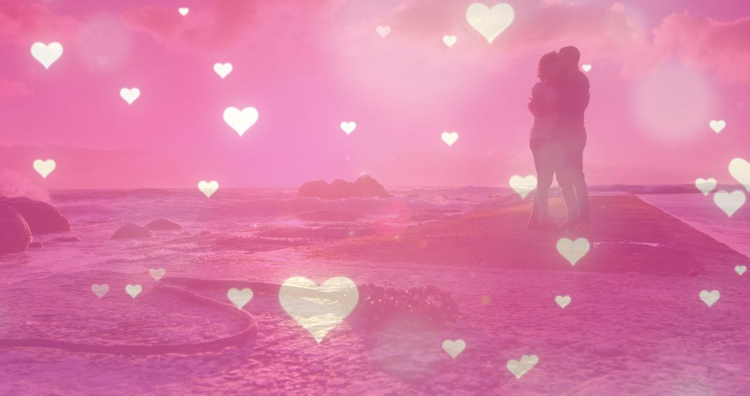 Romantic Couple Embracing on Seaside with Heart Bokeh Effects - Free Images, Stock Photos and Pictures on Pikwizard.com