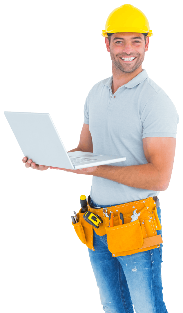 Transparent Professional Handyman Holding Laptop for Digital Solutions