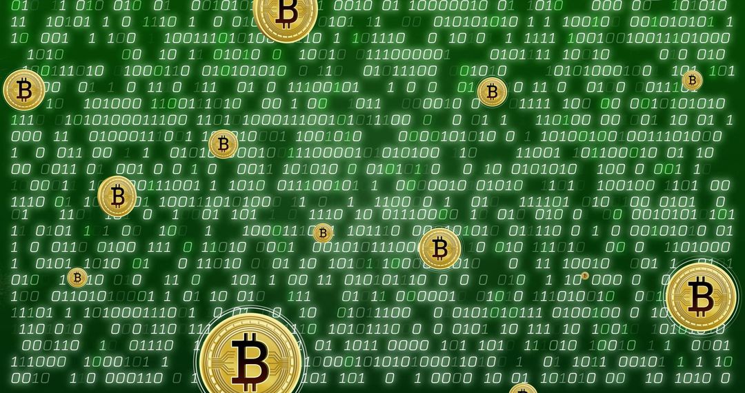 Digital Cryptocurrency Bitcoin Icons Over Binary Code Background