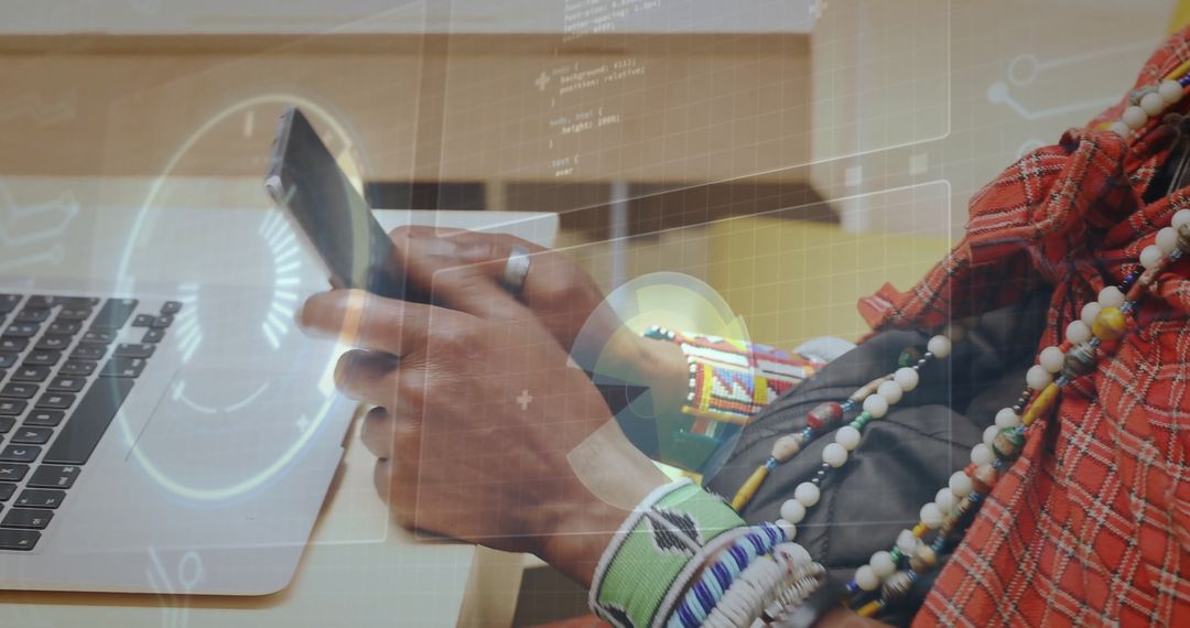 Tech Savvy Man with Vibrant Bracelets Using Smartphone