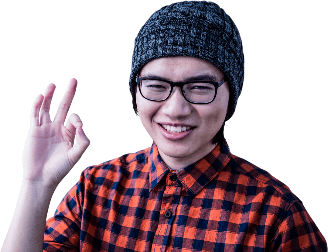 Smiling Hipster Making OK Gesture in Knit Hat with Transparent Background