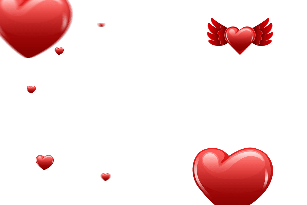 Floating Red Hearts with Wings on Transparent Background