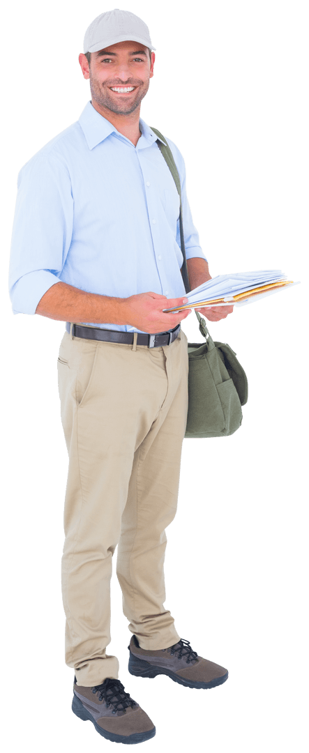 Transparent Postman Holding Letters Smiling