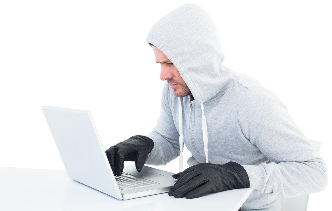 Hooded Cybercriminal Stealing Information on Laptop with Gray Clothes, Black Gloves on Transparent B - Download Free Stock Images Pikwizard.com