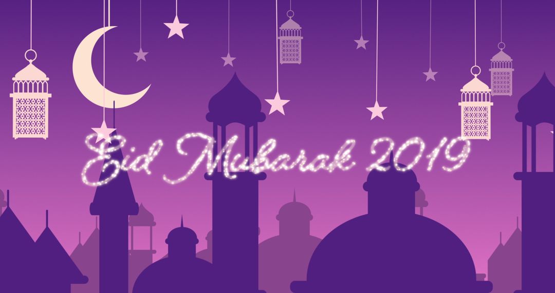 Eid Mubarak 2019 Celebratory Silhouette Greeting with Lanterns and Stars - Free Images, Stock Photos and Pictures on Pikwizard.com