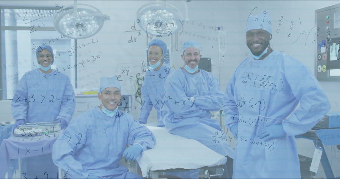 Diverse Surgical Team in Operating Room with Mathematical Overlay