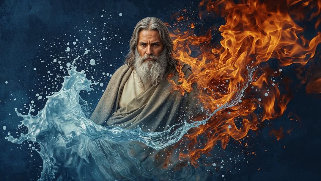 Moses conjuring elements: enchanted water and fire spell