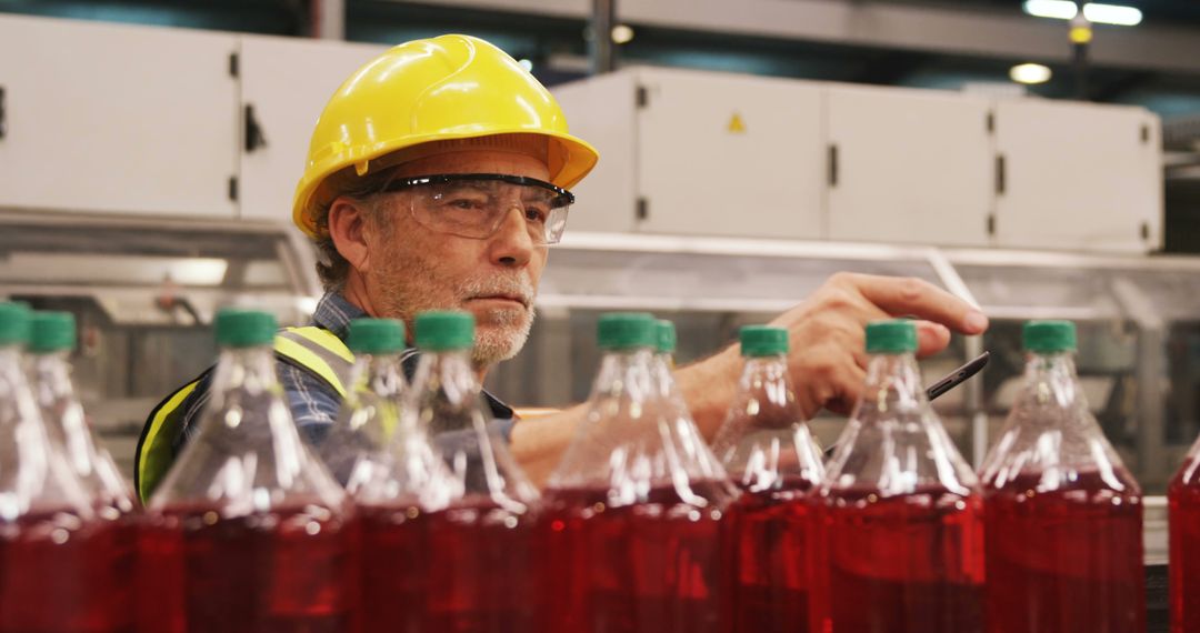 Quality Control Specialist Inspecting Beverage Bottles on Factory Line - Free Images, Stock Photos and Pictures on Pikwizard.com