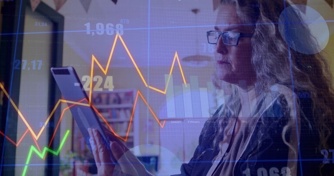 Businesswoman Analyzing Data on Tablet with Financial Chart Overlay