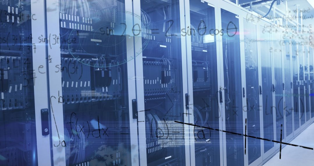 AI Data Processing Overlay on High-Tech Server Room