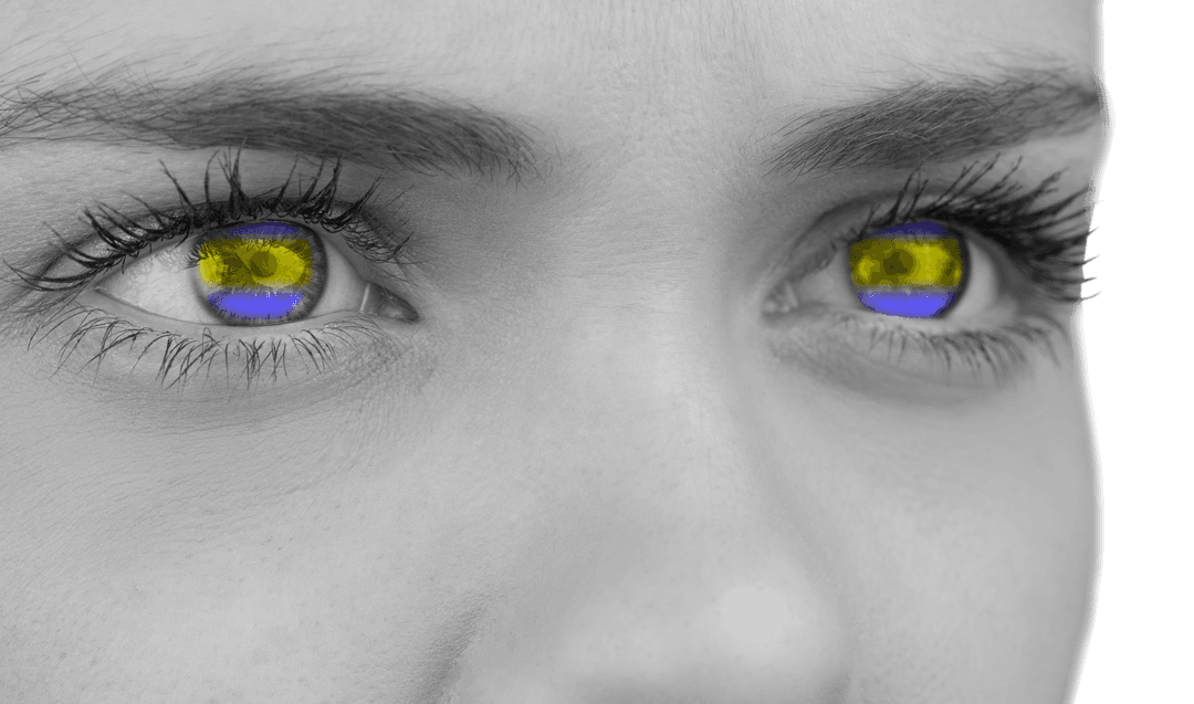 Transparent Human Eyes Highlighted with Ukraine Flag Colors