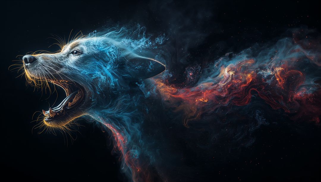 Howling Nebula Wolf Head Forming Cosmic Smoke and Ember Trail, Glowing Whiskers