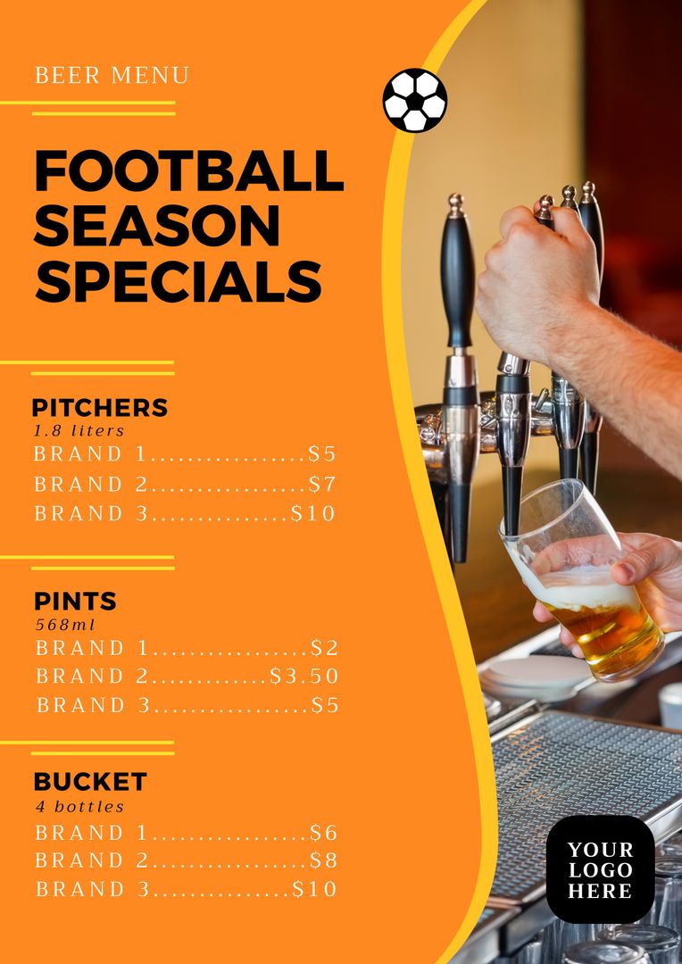 Composition of football season specials text over menu options and man pouring beer - Download Free Stock Templates Pikwizard.com