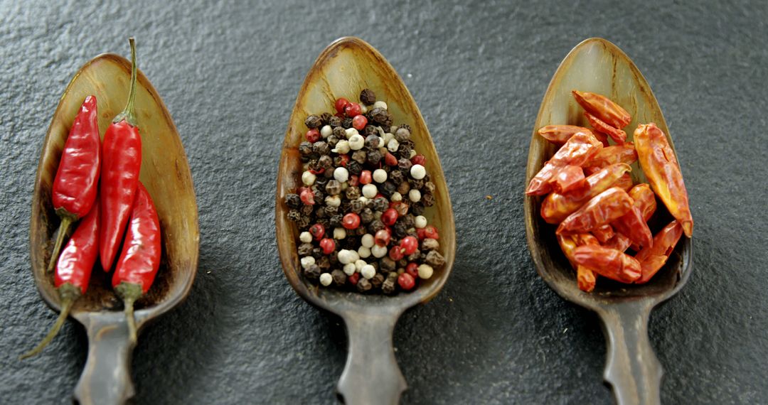 Variety of Spices in Wooden Spoons on Black Slate - Free Images, Stock Photos and Pictures on Pikwizard.com